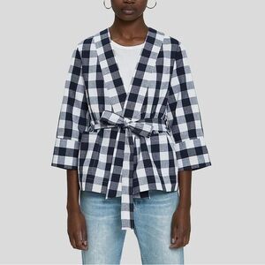 English Factory Plaid Kimono-Style Belted Blazer Navy/White Sz M